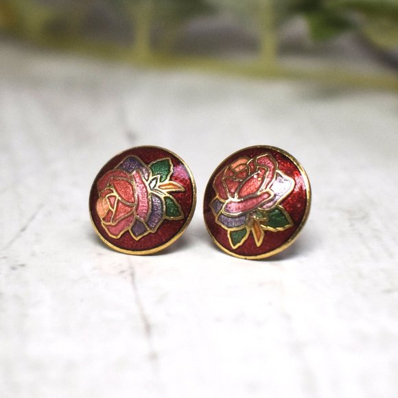 Vintage Cloisonne Rose Flower Post Earrings: Gold, Red, Pink, Green Enamel - Picture 2 of 4